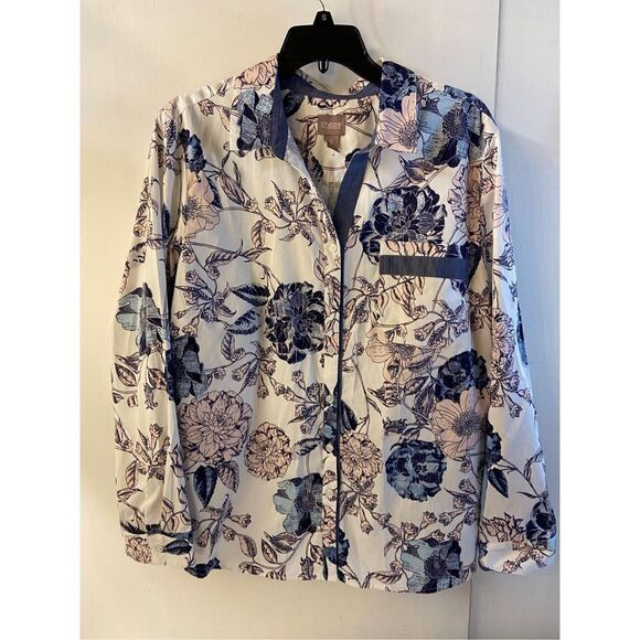 Chicos Xl button down shirt tops size 3 pink blue flowers ls - Picture 1 of 8
